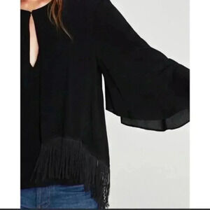 Zara Woman Black Fringe Trim Flutter Sleeve Top M